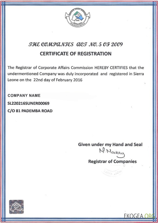 Certificat d'enregistrement de la Sierra Lione